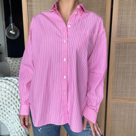 sezane pink ecru max striped oversized boxy long sleeve shirt preppy size 36 - Picture 1 of 6